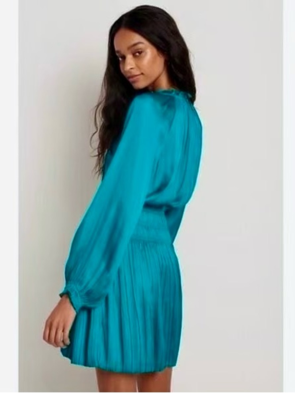 Zara Boho Teal Long-Sleeve Pleated Mini Dress Resort wear Women’s Size S